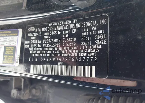 2014 Kia Sorento Limited V6 z USA, uszkodzony, nr VIN 5XYKWDA72EG537772